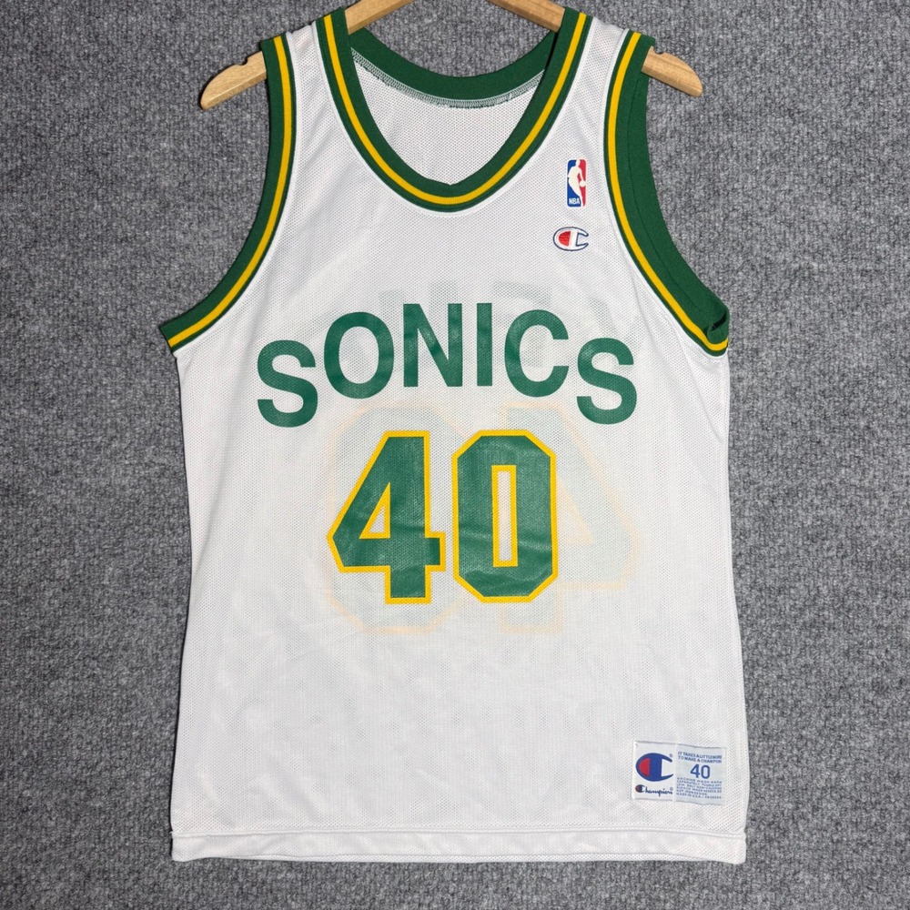 Vintage Champion Shawn Kemp Seattle SuperSonics Jersey #40 White NBA Men's Sz 40
